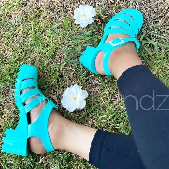 Green Retro PVC GLADIATOR JELLY Chunky Heel Sandal - Picture 7 of 7